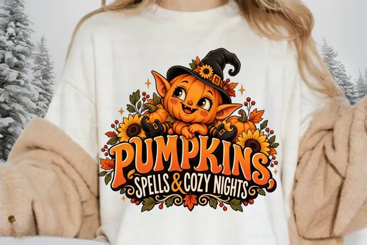 Cute Pumpkin Witch PNG, Cozy Halloween Autumn Design