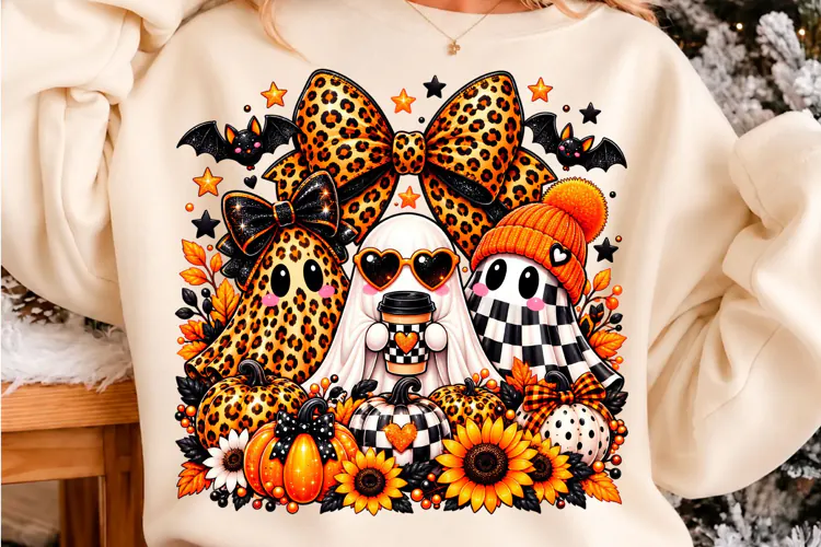 Cute Halloween Ghost Trio Leopard Bow PNG