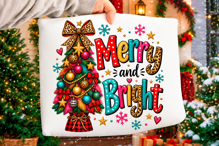 Merry and bright Christmas tree holiday typography design