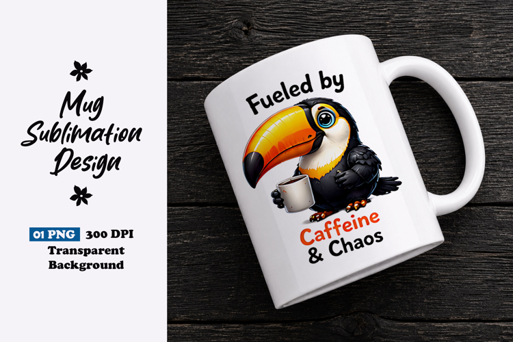 Fueled by Caffeine and Chaos Toucan Clipart Sublimation PNG