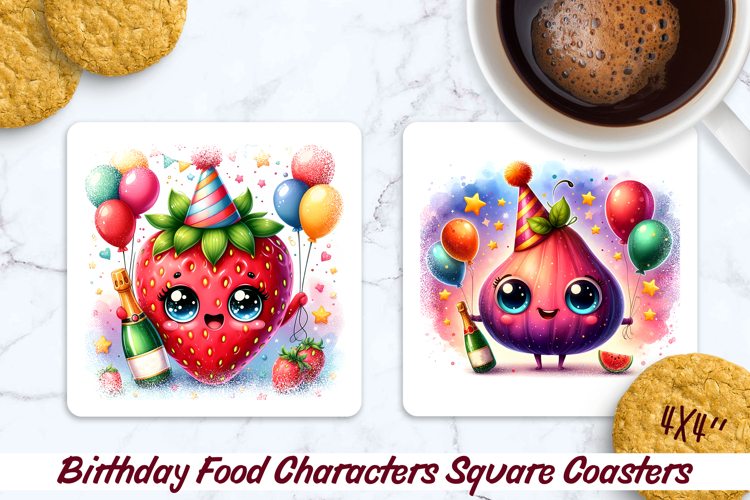 Birthday Food Square Coaster PNG 4x4, Sublimation Design.