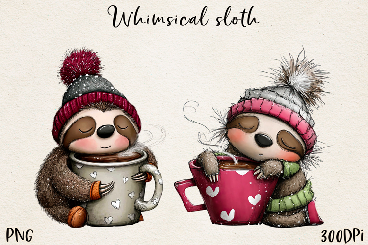 Whimsical Winter Sloths | Cute Cozy Sloth Clipart PNG