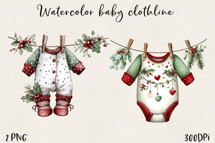 Watercolor Christmas Baby Clothesline Clipart PNG