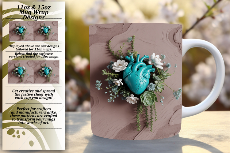 Bold 15oz Mug Wrap Png Design , 3D Heart