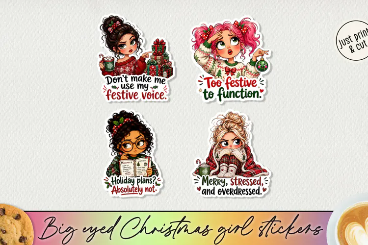 Big Eyed Christmas Girl Stickers PNG, Funny Holiday Girl