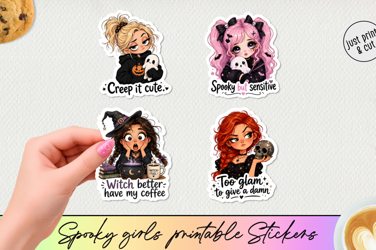 Spooky Girl Printable Stickers 4 Halloween PNGs.