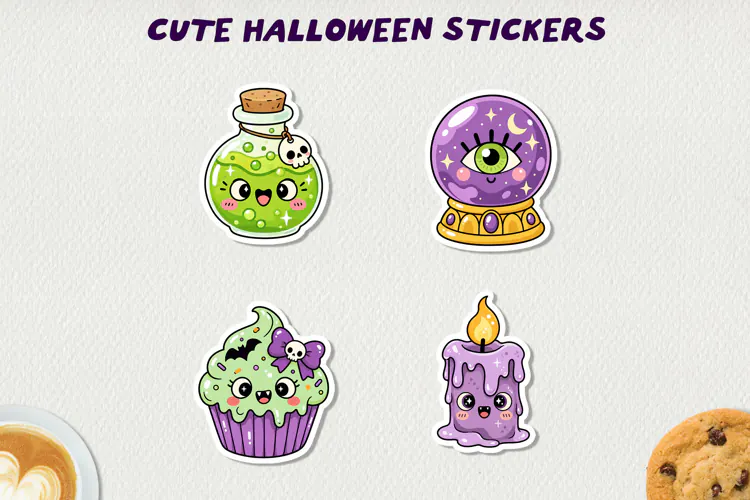 Cute Halloween Printable Stickers, Kawaii Spooky PNG.