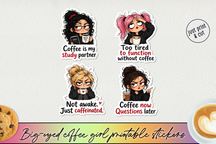 Funny Big-Eyed Coffee Girl Stickers PNG