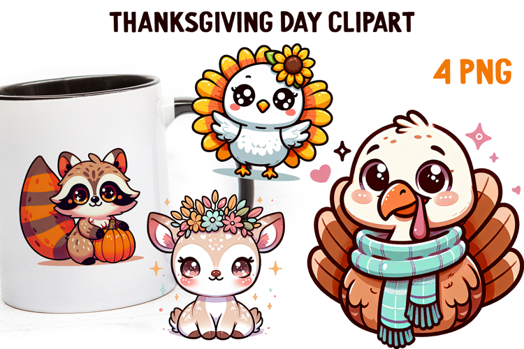 Cute Kawaii Thanksgiving Clipart | Fall Pumpkin Turkey PNG
