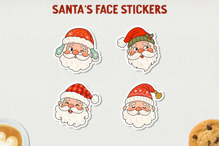 Santa Face Stickers, Cute Christmas Santa Stickers.