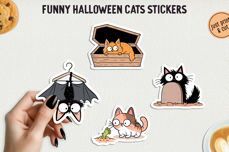 Funny Halloween Cat Sticker PNG Printable Stickers.