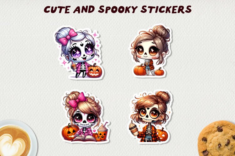 Spooky Skeleton Girls Stickers Halloween Clipart Kawaii Fall example image 1