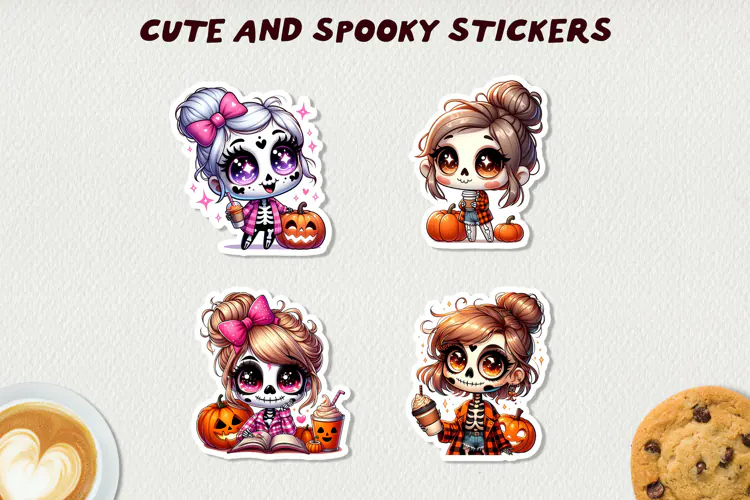Spooky Skeleton Girls Stickers Halloween Clipart Kawaii Fall