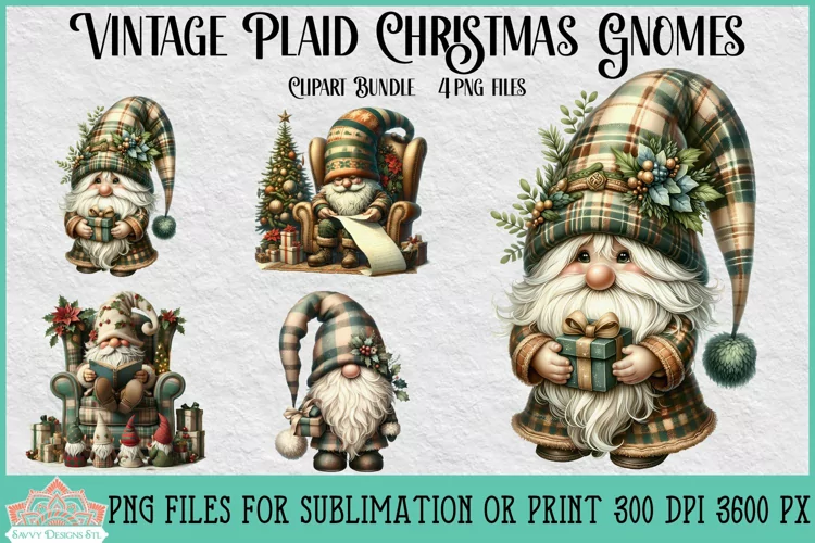 Vintage Plaid Christmas Gnomes | Christmas Clipart