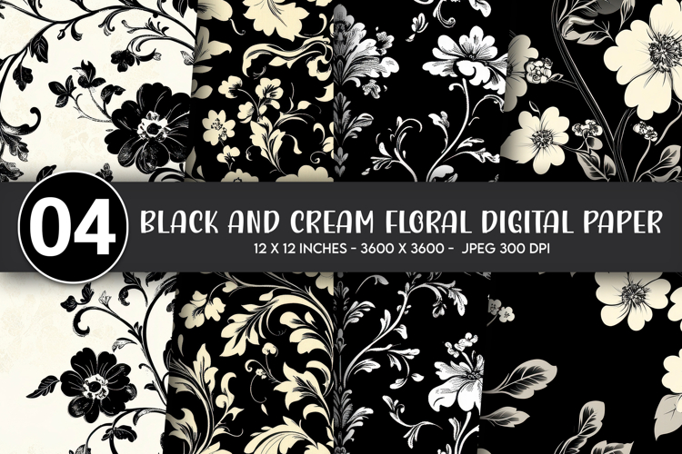Black and Cream Floral Digital Paper