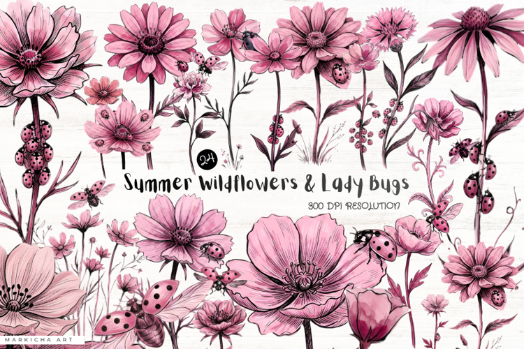 Summer Wildflowers   Lady Bugs Clipart
