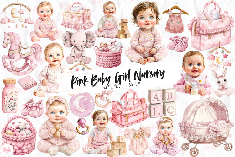 Pink Baby Girl Nursery Clipart - 30 Png Bundle
