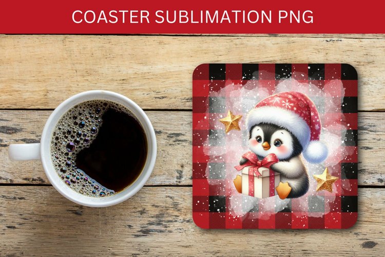 square coaster - penguin with christmas wrapped gift