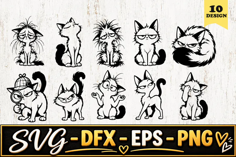 Grumpy Fluffy Cat Cartoon Clipart SVG PNG