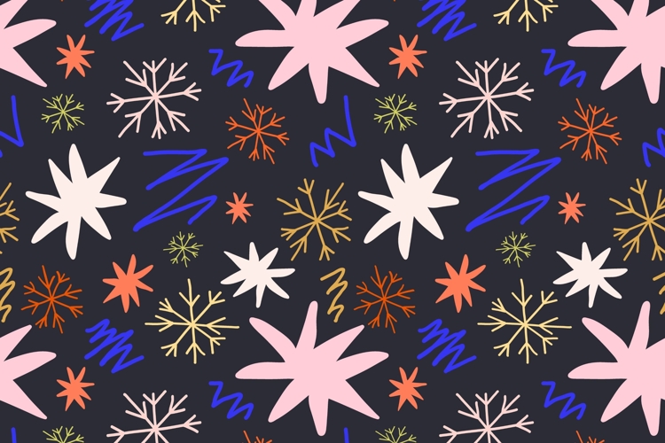Black whimsical hand drawn Christmas pattern with snowflakes