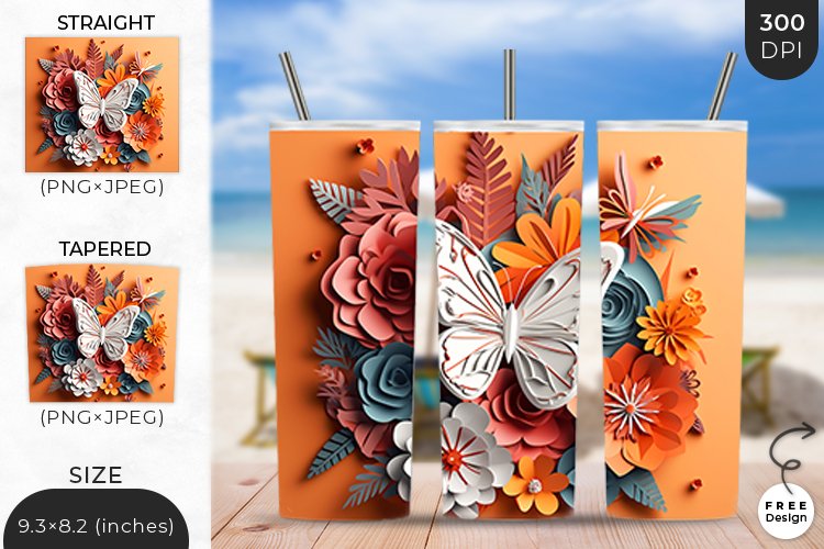 3D Butterfly Tumbler Wrap| 3D Sublimation Wrap Design example image 1