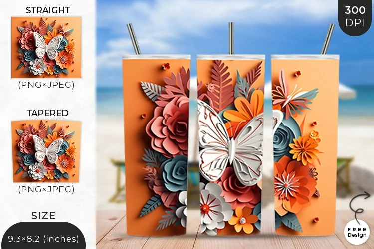 3D Butterfly Tumbler Wrap| 3D Sublimation Wrap Design