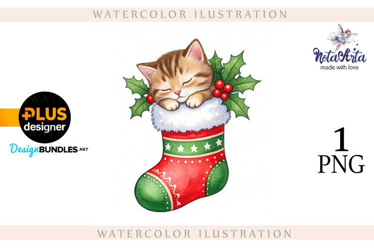 Christmas Kitten in Watercolor Style example image 1