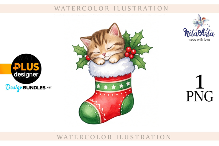 Christmas Kitten in Watercolor Style