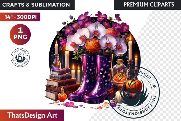 Halloween Floral Rain Boots - Cute Witchy Garden Clipart PNG