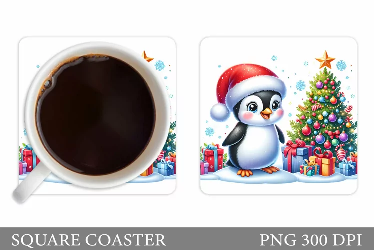 Cute Penguin Coaster Sublimation. Christmas Coaster Design