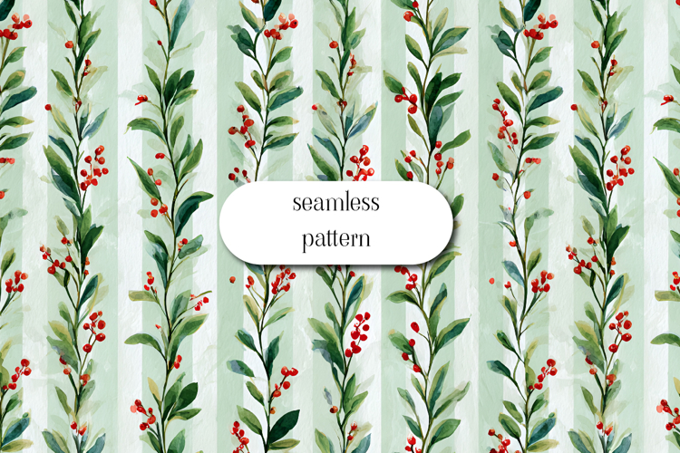 Watercolor Green Leaves and Red Berries Striped Pattern