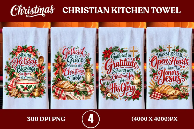 4 Christian Christmas Kitchen Towel PNGs, 4 Jesus Christmas