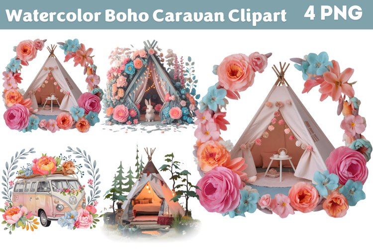 Watercolor Boho Caravan Clipart PNG