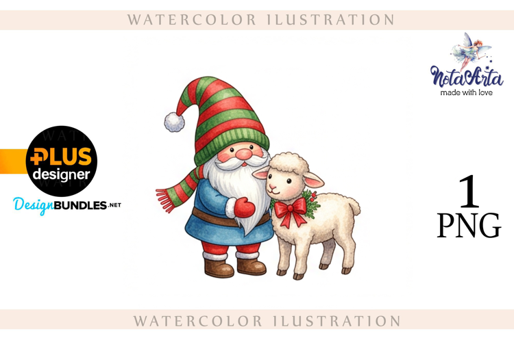 Christmas Gnome Santa with a Sheep in Watercolor Style