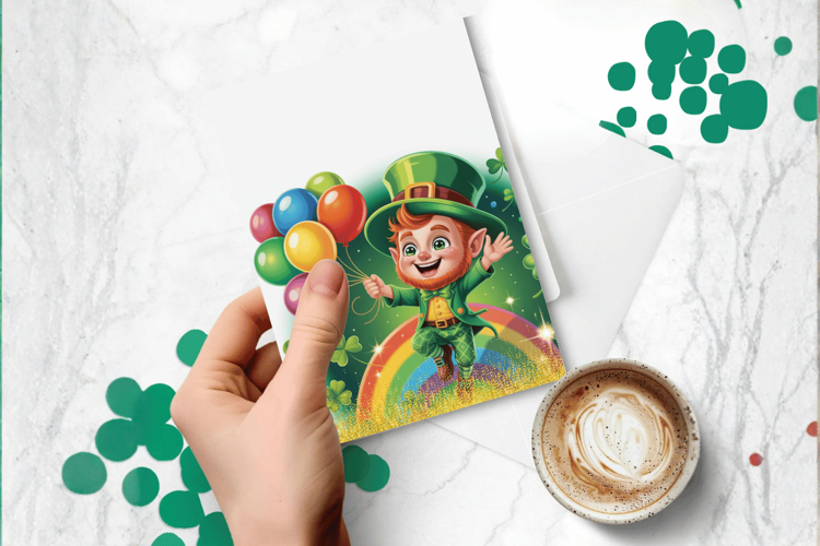 Cute Leprechaun with Rainbow and Balloons Greeting Card PNG