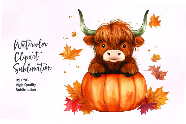 Cute highland cow inside pumpkin fall watercolor clipart