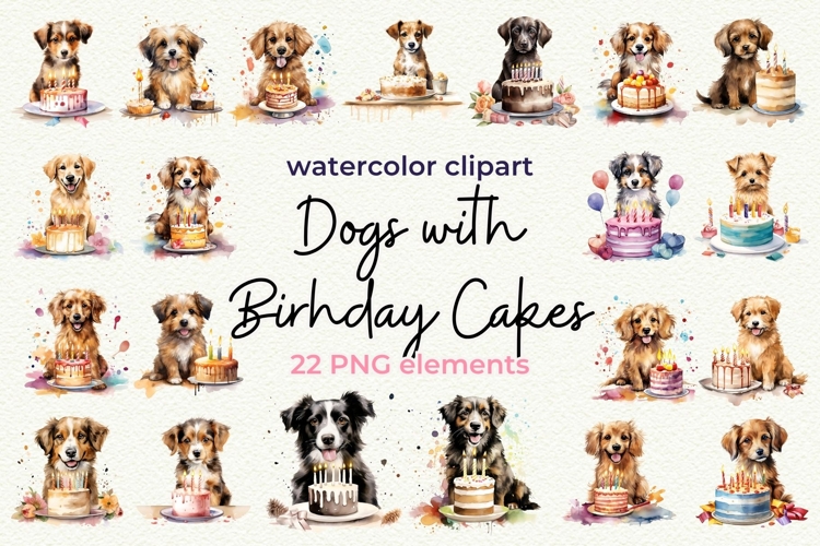 22 Dog Breeds with Birthday Cakes Watercolor Clipart