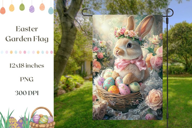 Floral Easter Garden Flag, Cute Easter Bunny Sublimation