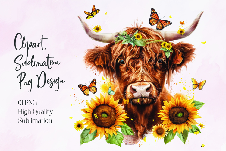 Highland Cow Sunflower Floral Sublimation PNG