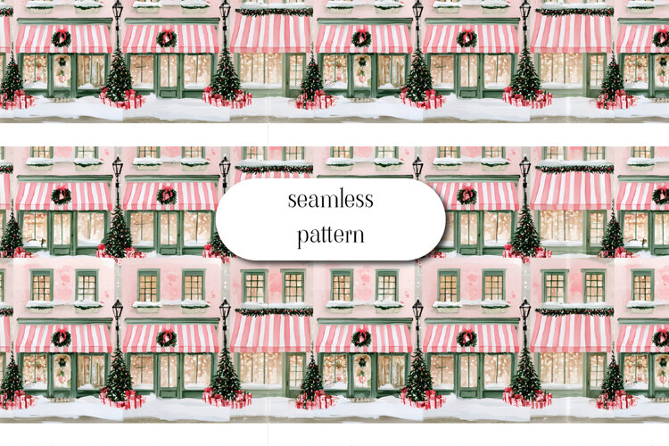 Pink Christmas Shop Seamless Pattern Winter Storefront example image 1