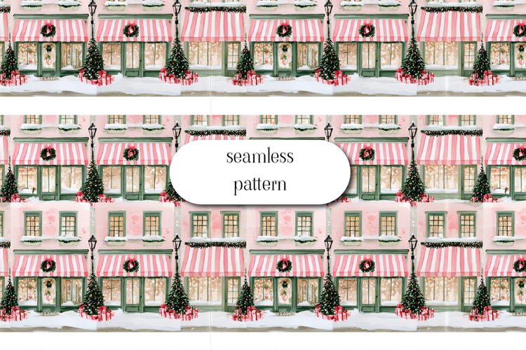 Pink Christmas Shop Seamless Pattern Winter Storefront