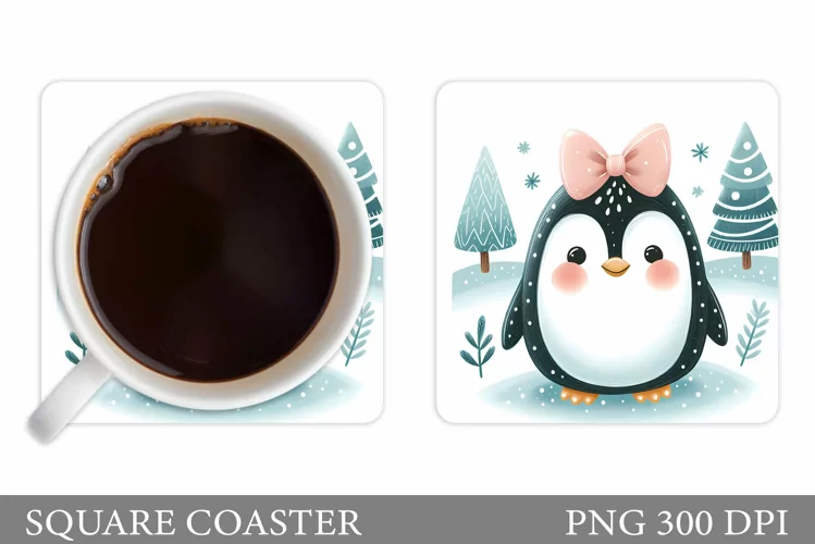 Cute Penguin Coaster Sublimation. Christmas Coaster Design