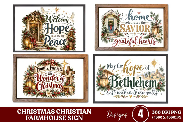 4 Christian Christmas Farmhouse Sign PNGs, 4 Rustic Christma