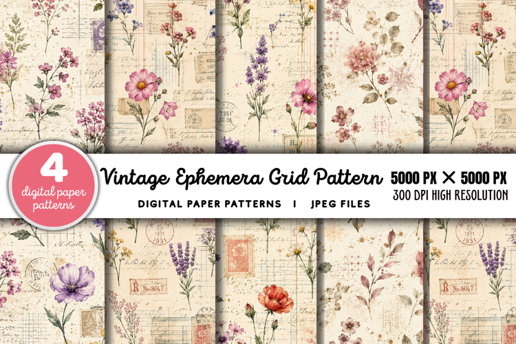 Vintage Grid Lined Ephemera Junk Journal JPG