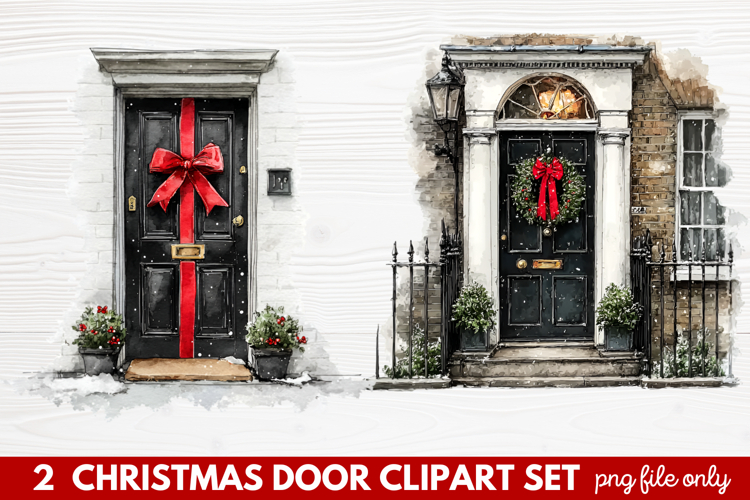 2 Christmas Door Clipart Set | Festive Holiday Front Door