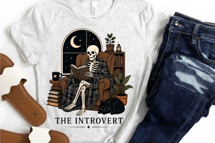 The Introvert PNG Sublimation Design - Cozy Skeleton Reading