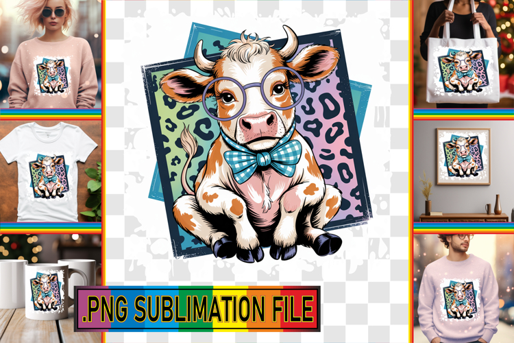 Joyful Sublimation TSHIRT Art, Cute Cow