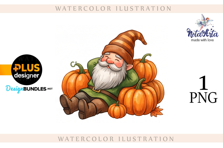 Gnomes with Pumpkin Harvest in Watercolor Style