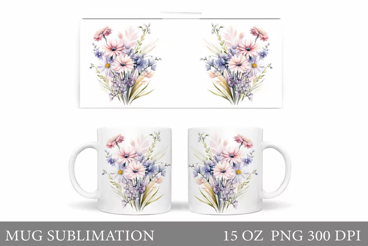 Flowers Mug Wrap Design. Wildflowers Mug Sublimation