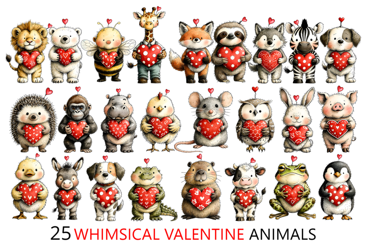 25 Whimsical Valentine Animals Clipart Bundle